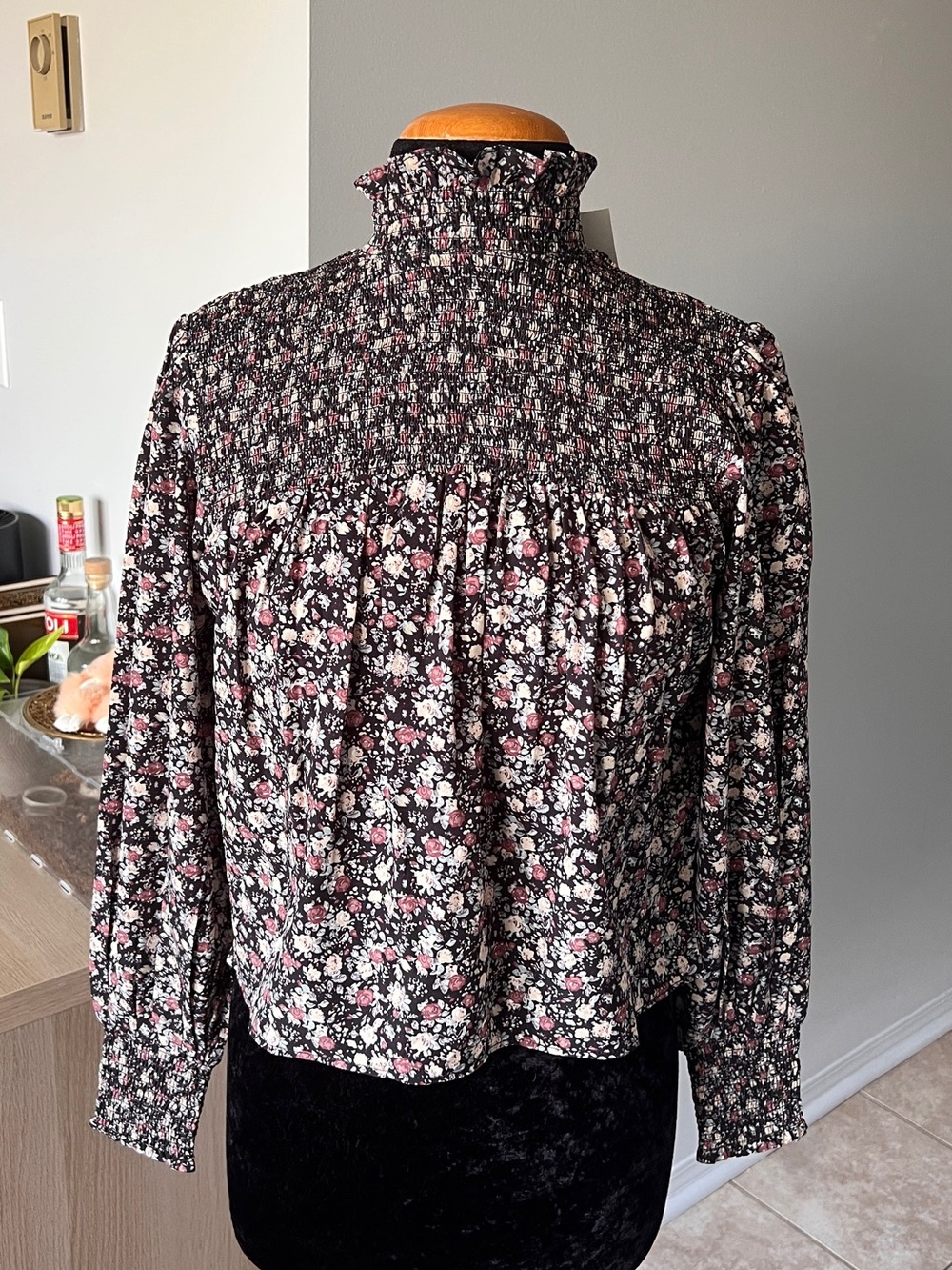 OAK + FORT Black Floral Smocked High-Neck Blouse with Pink Accents